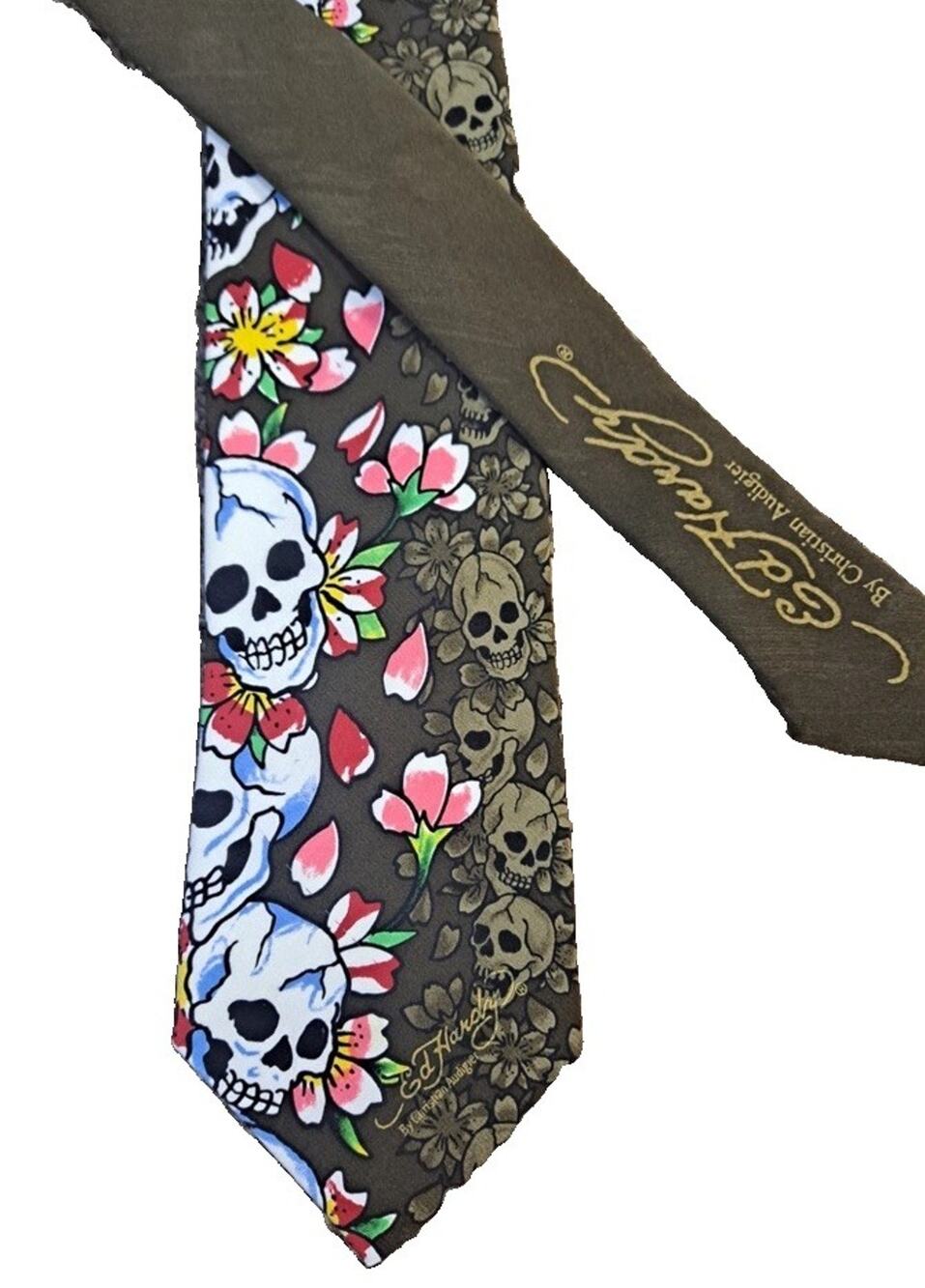 Ed Hardy Christian Audigier Mens Tie 3” Silk Hand Made Skulls Flowers Tattoo Y2K